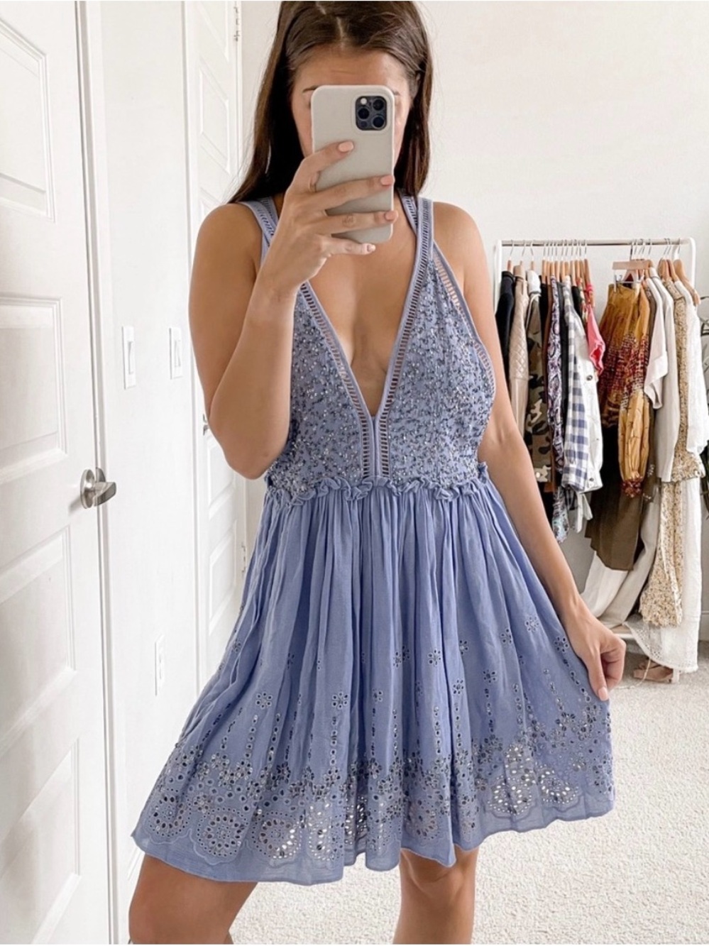 Ranna Gill x Anthropologie Sleeveless Lavender Eyelet Sundress with Deep V